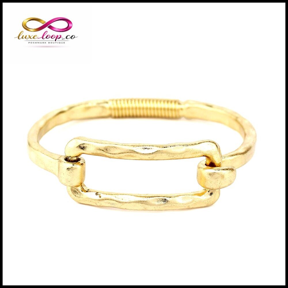 Chunky Hammered Bangle Bracelet, Spring Tension Hook Cuff, 8 Inch